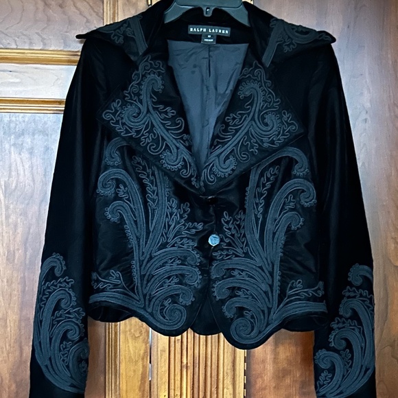 Ralph Lauren Black Label Black Velvet Embroidered Blazer, Size 10 - Picture 6 of 16